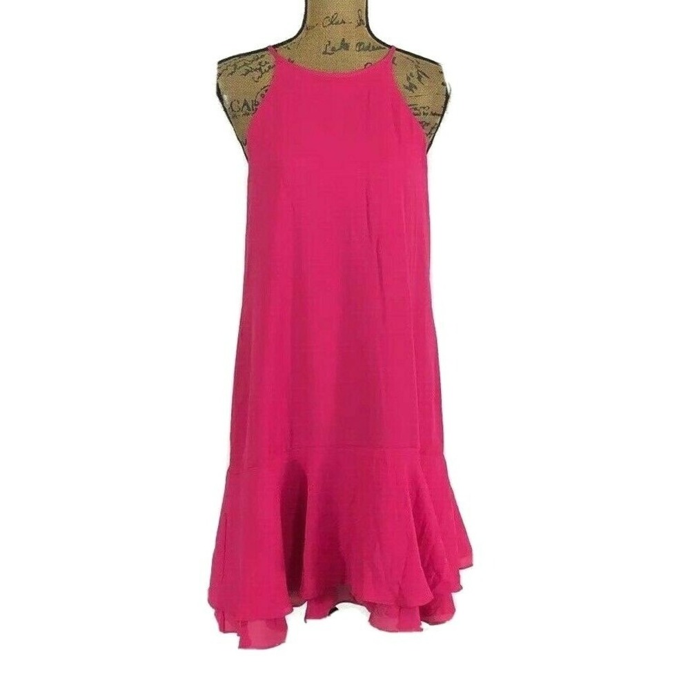 NWT Charles Henry Dress‎ MED Pink Fuchsia Swing Ruffle Hem Keyhole Back Party